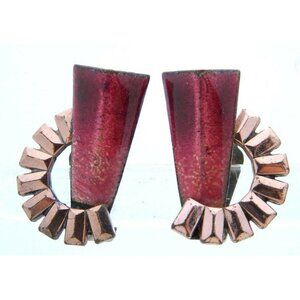VTG RARE MATISSE Renoir Copper Red Enamel Fan Shape Clip Earrings